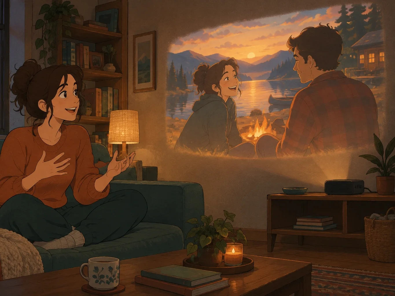A woman on a sofa describing a story that plays on the wall