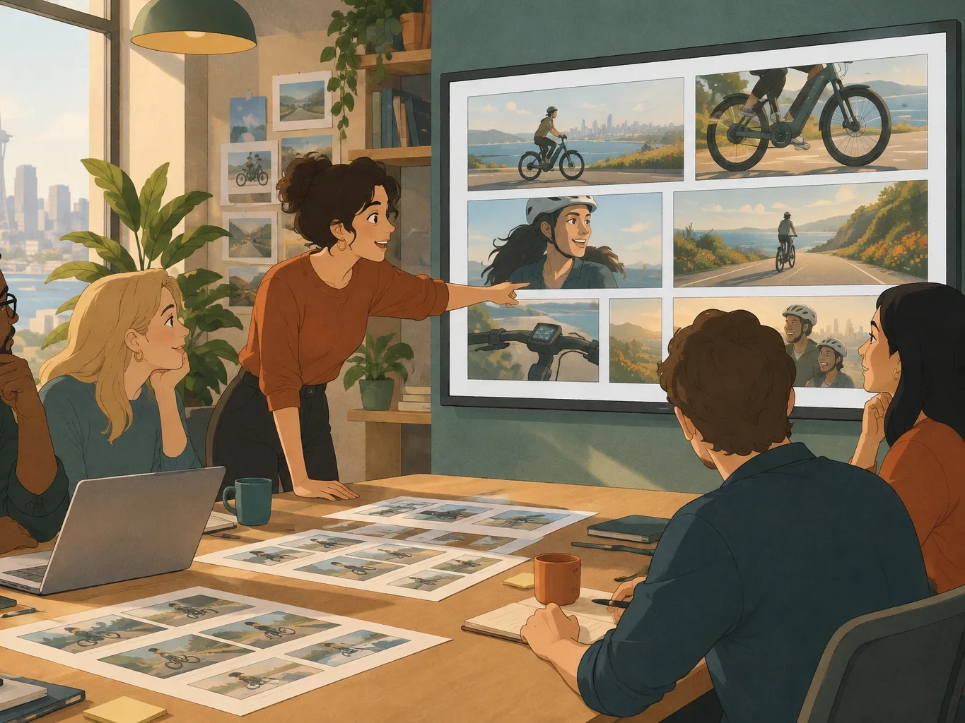An agency team reviewing storyboards for a commercial
