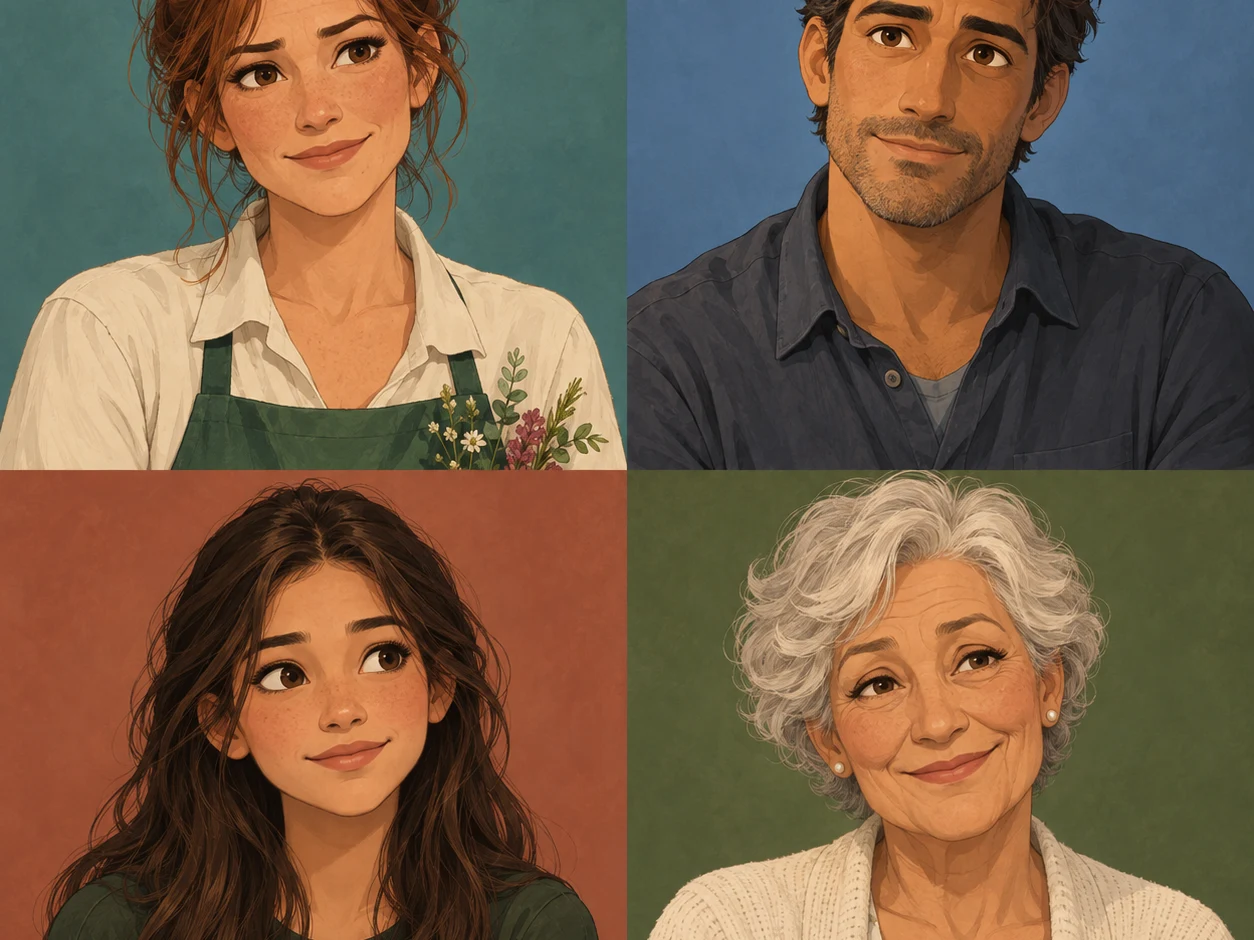 A character lineup sheet with four animated characters