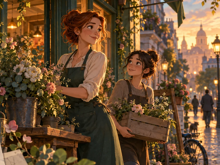 A finished animated film still on a morning street
